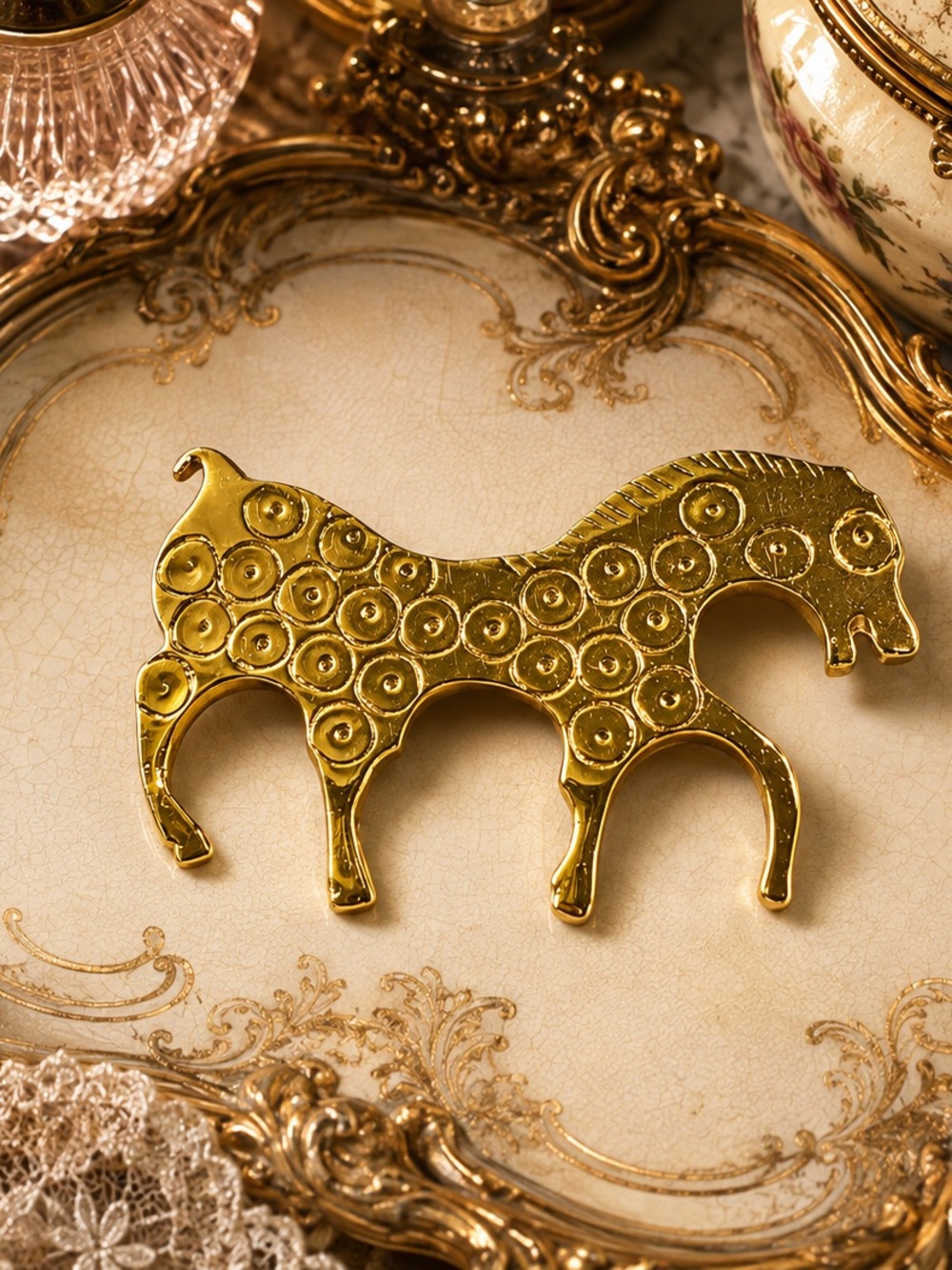 ROM Royal Ontario Museum Primitive Horse Pin Brooch Pin Gold Tone Signed